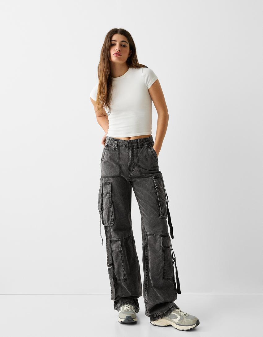 Cotton cargo trousers with straps-Grey
