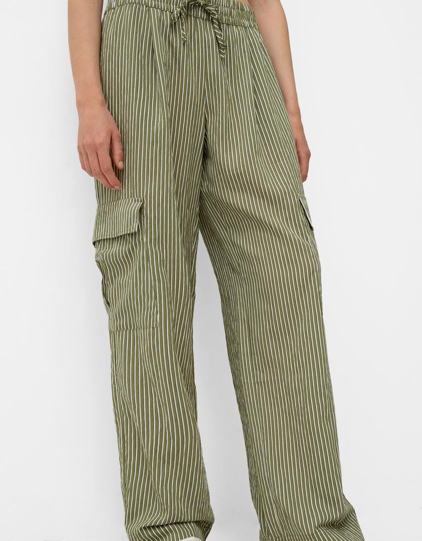 Calças cargo às riscas com cintura elástica-Caqui-3
