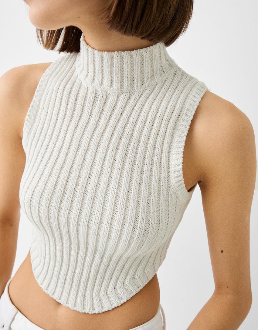 Sleeveless rustic ribbed mock turtleneck top-White