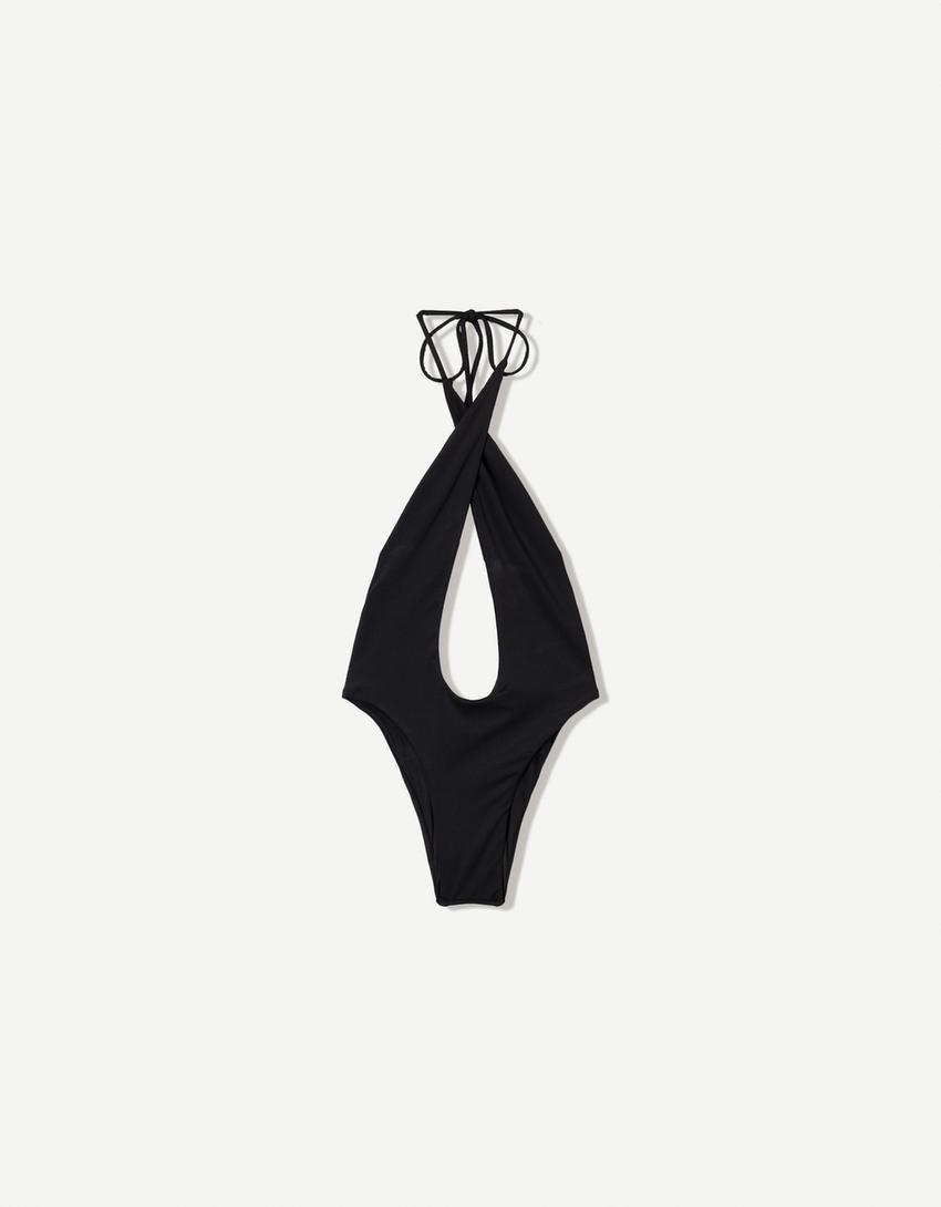 Maillot de bain croisé encolure américaine-Noir-4