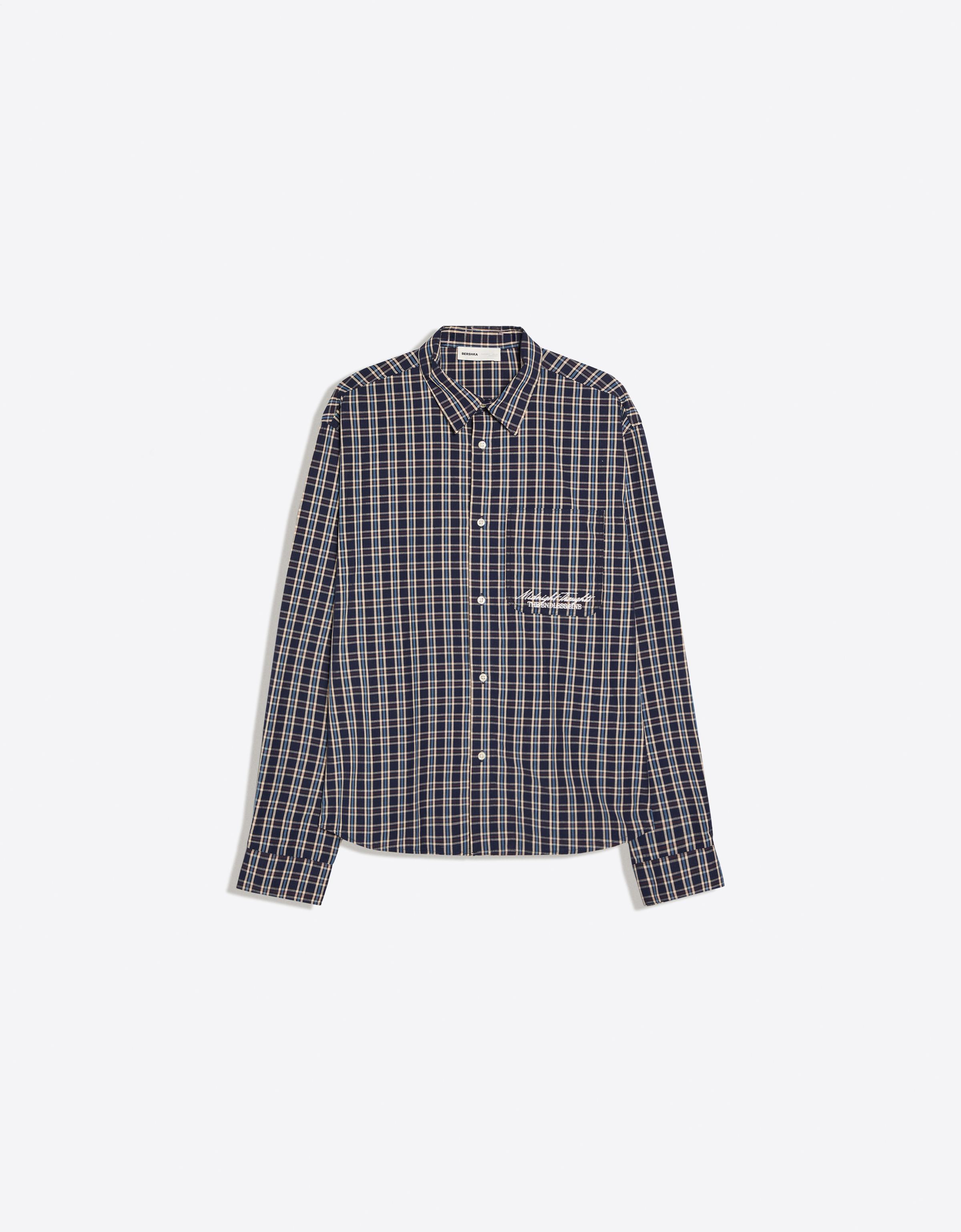 Long sleeve embroidered check shirt — Navy