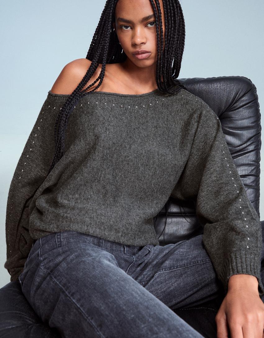 Boatneck sweater with studs-Dark grey