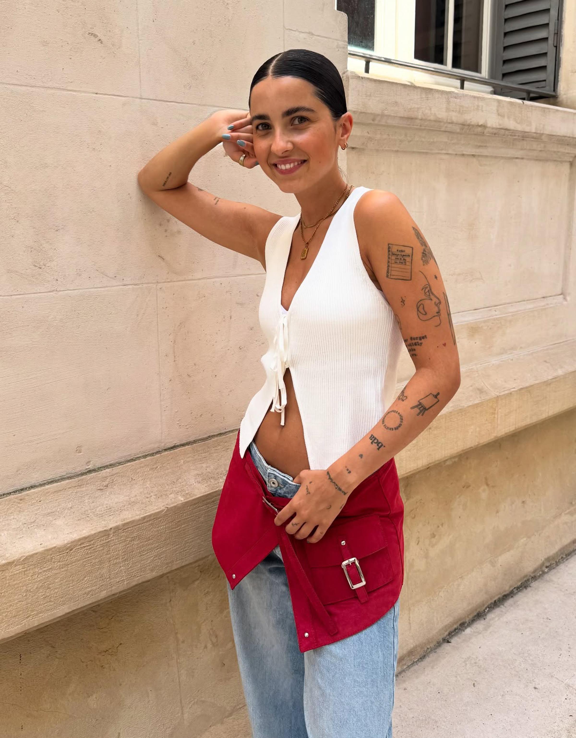 Bershka Gerippte Weste Mit Schleife Damen M Weiss