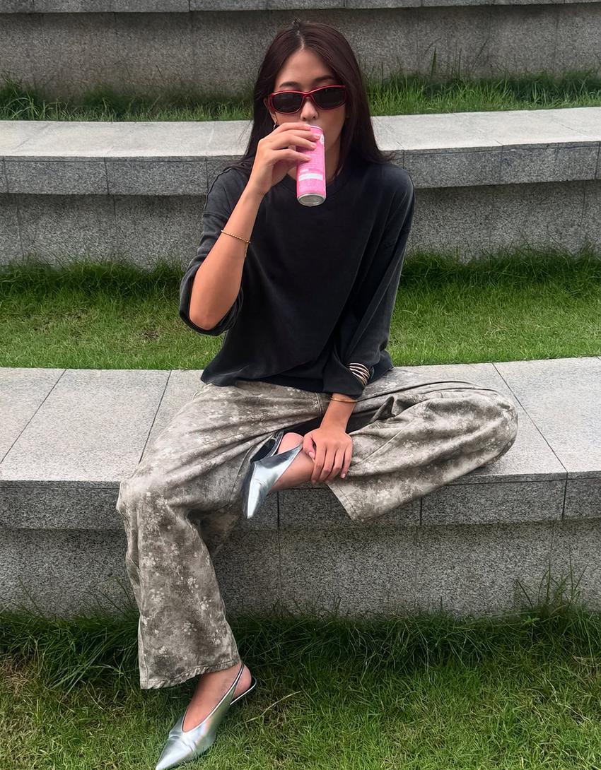 T-shirt à manches longues imprimé-Gris foncé