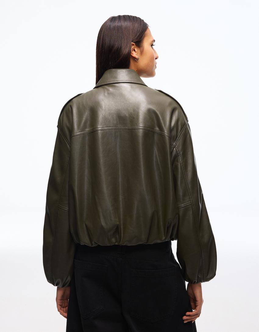 Balloon faux leather jacket-Khaki