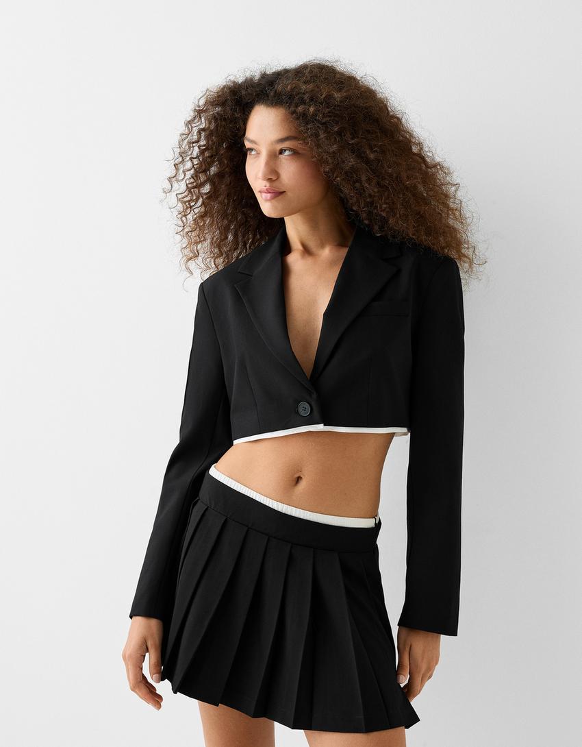Blazer cropped détail popeline-Noir-0