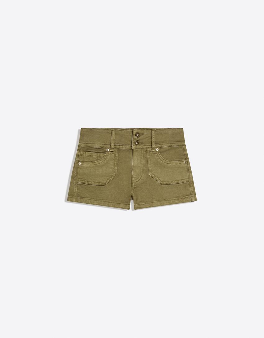 Mini short en jean brodé-Kaki