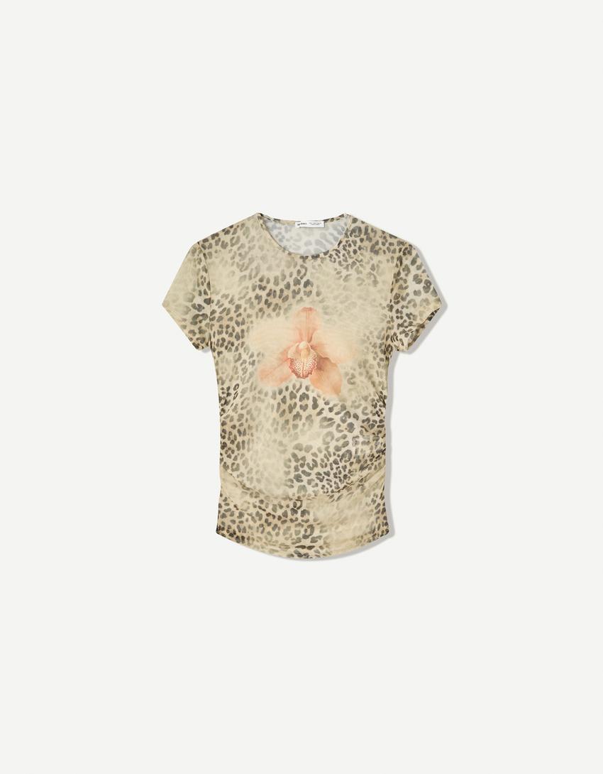 Camiseta manga corta tul print-Camel-3