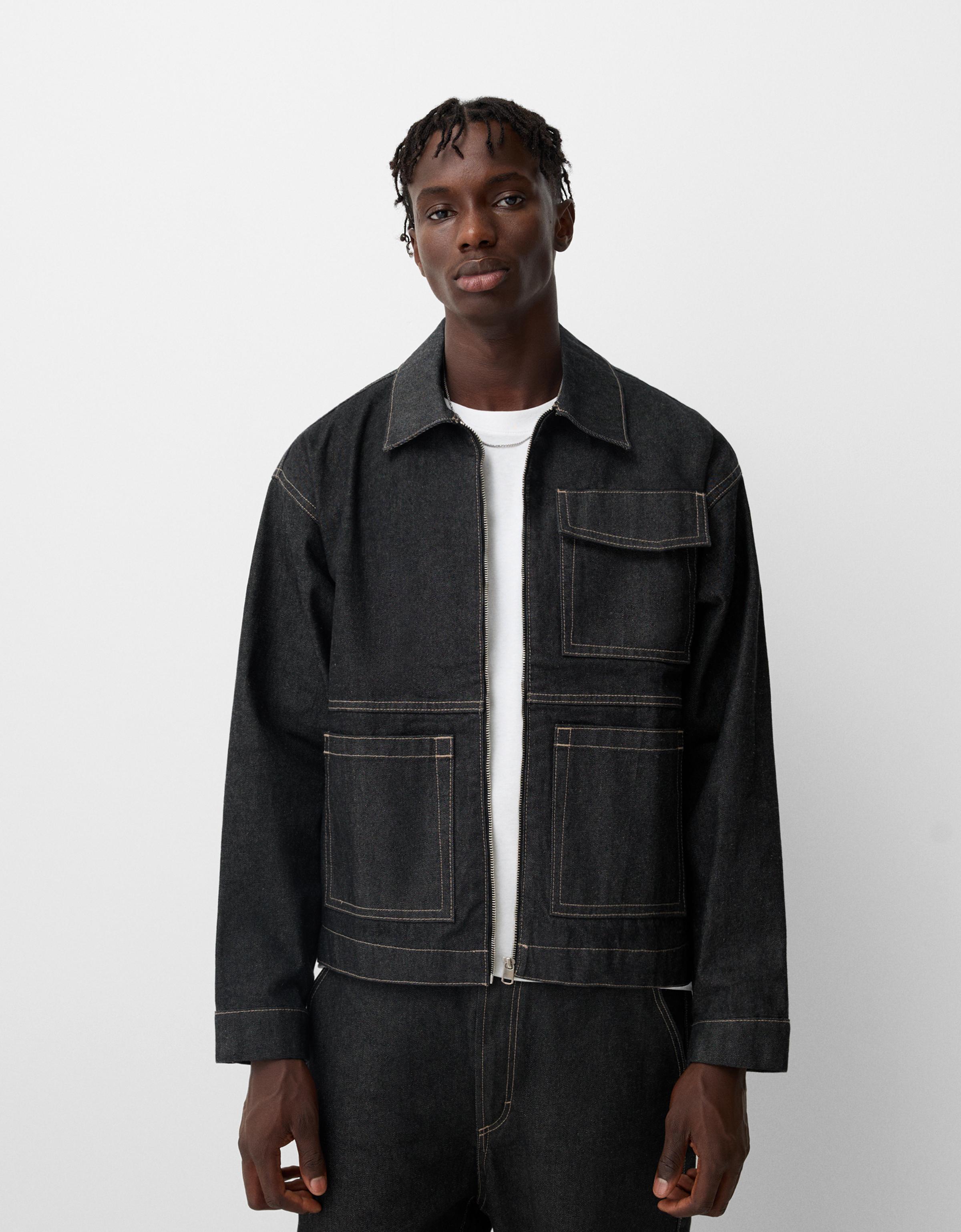 Cropped denim overshirt with pockets Jackets and coats Men Bershka