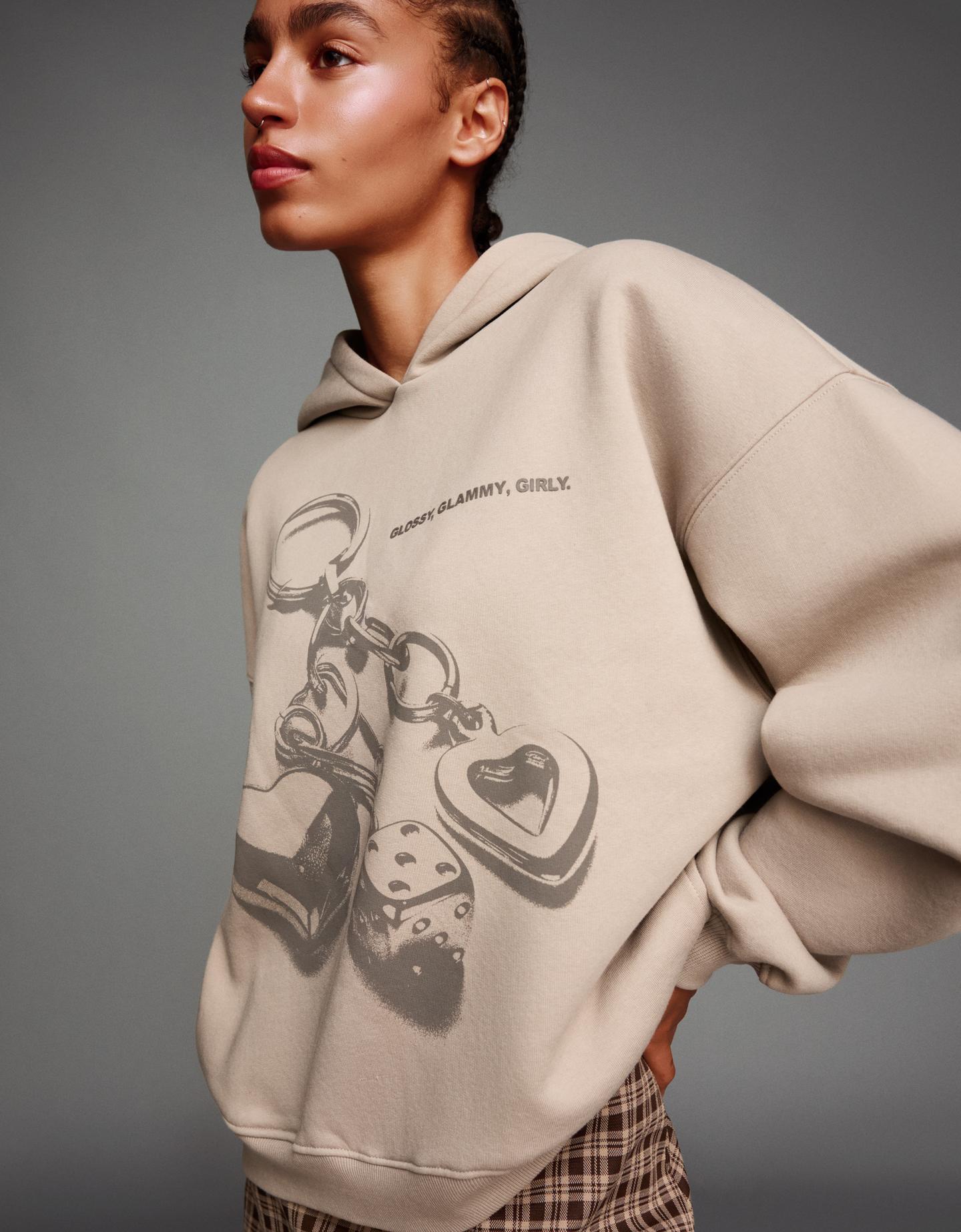 Bershka bluza z kapturem, suwakiem i nadrukiem szary