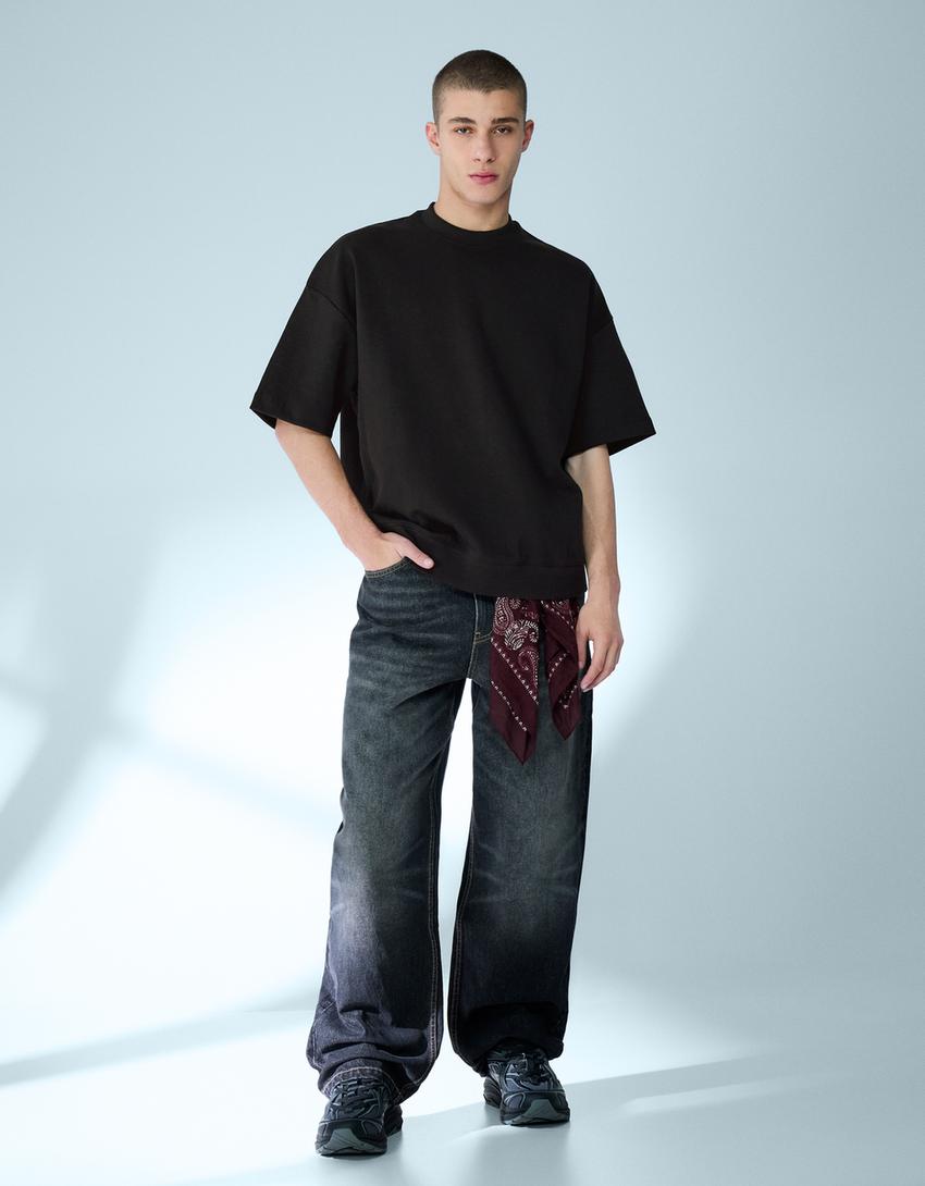 Κοντομάνικη φλις μπλούζα ριμπ-Μαύρο