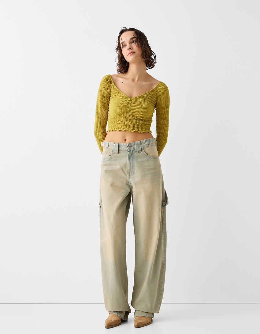 Pull col V gaufré-Vert-3