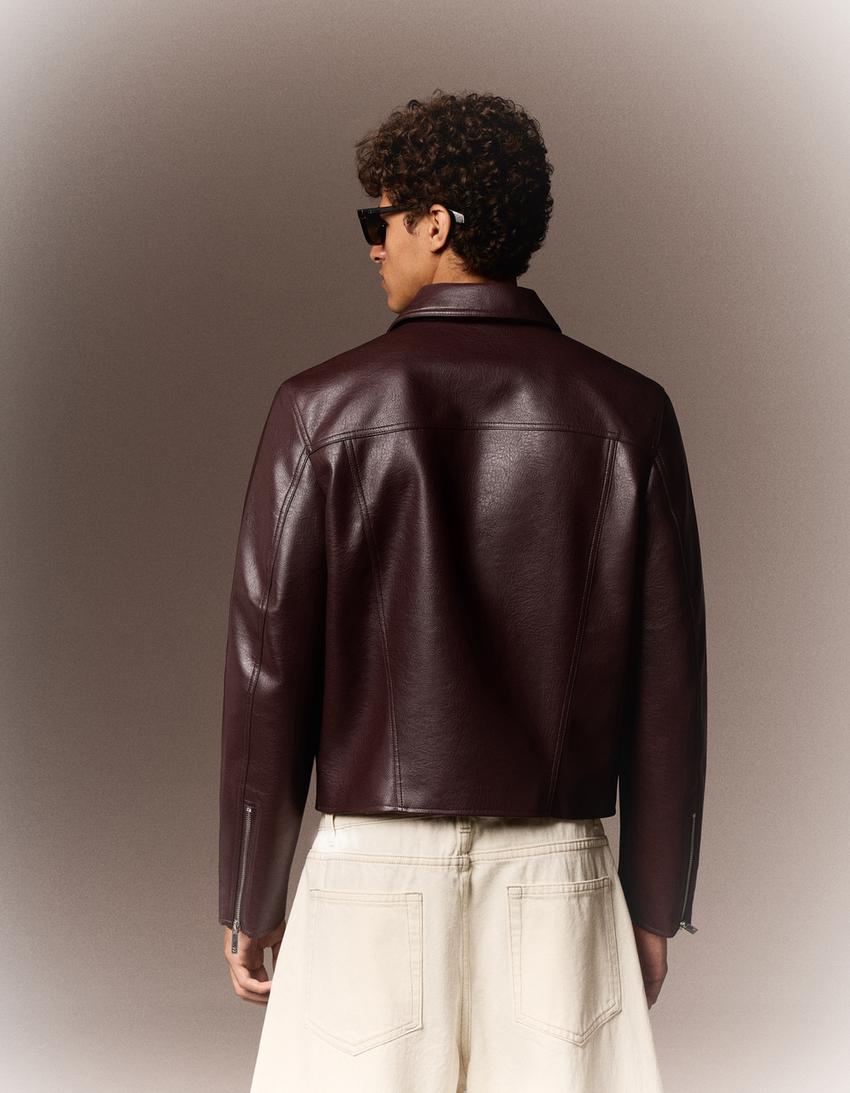 Faux leather boxy jacket-Burgundy