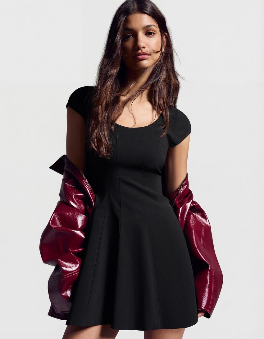 Bengaline mini dress with flared skirt-Black