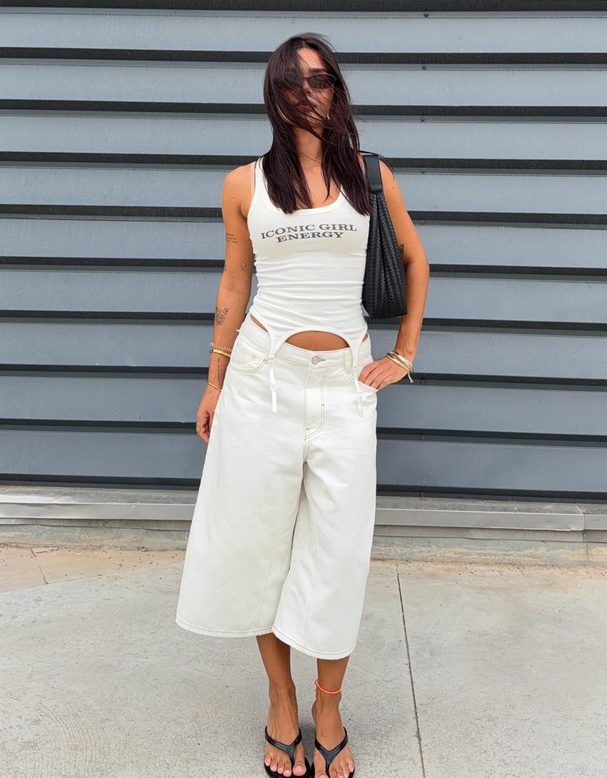 Garter belt print strappy vest top-Off white
