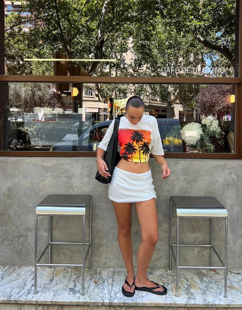 Tricou mânecă scurtă print-Ecru
