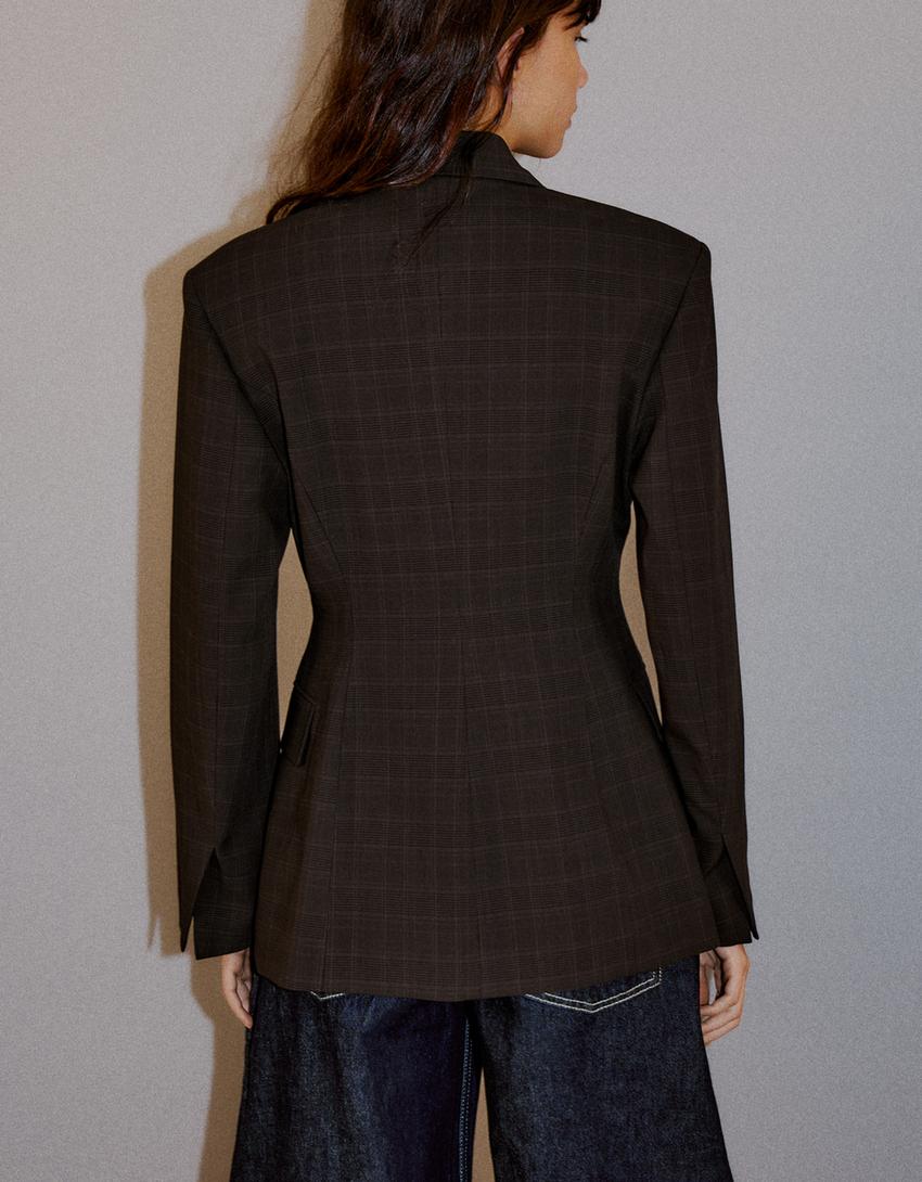 Taillierter Blazer mit Karomuster-Braun