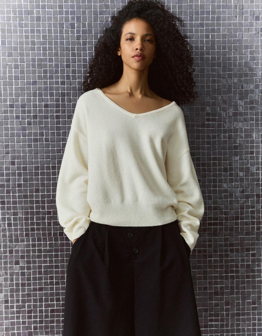 Soft touch oversize V yaka kazak-Krem