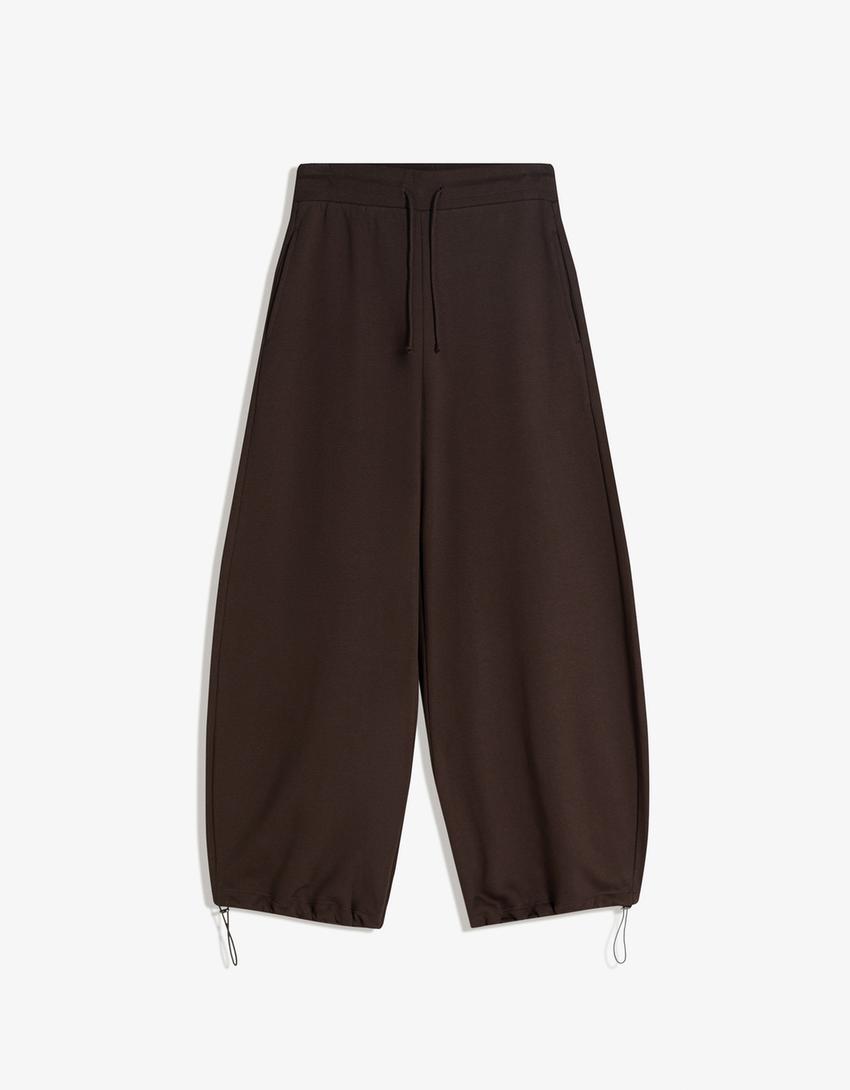 Plush barrel trousers with stoppers-Brown
