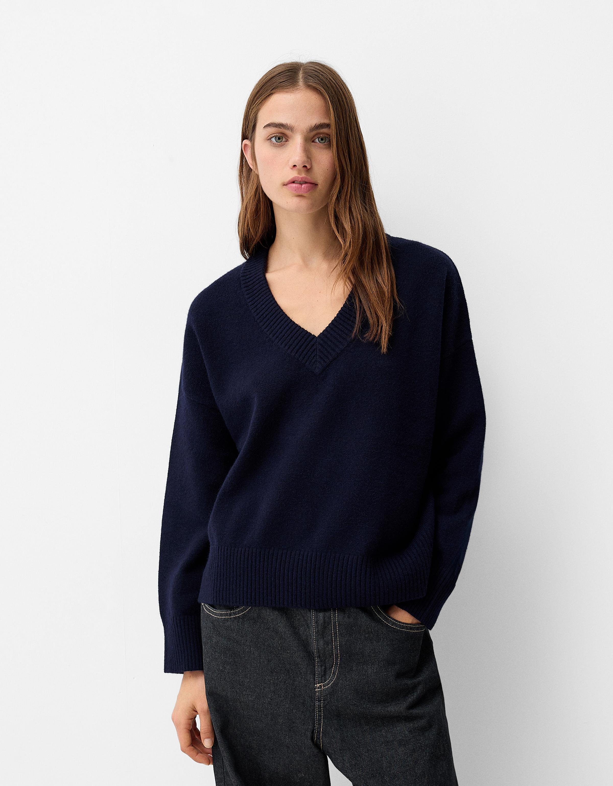 Bershka Oversize-Pullover Mit V-Ausschnitt Damen S Blau