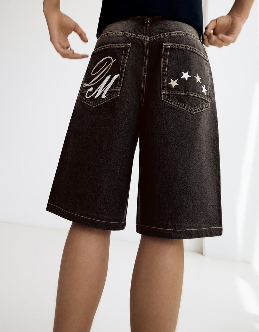 Bermuda jean super baggy brodée-Marron