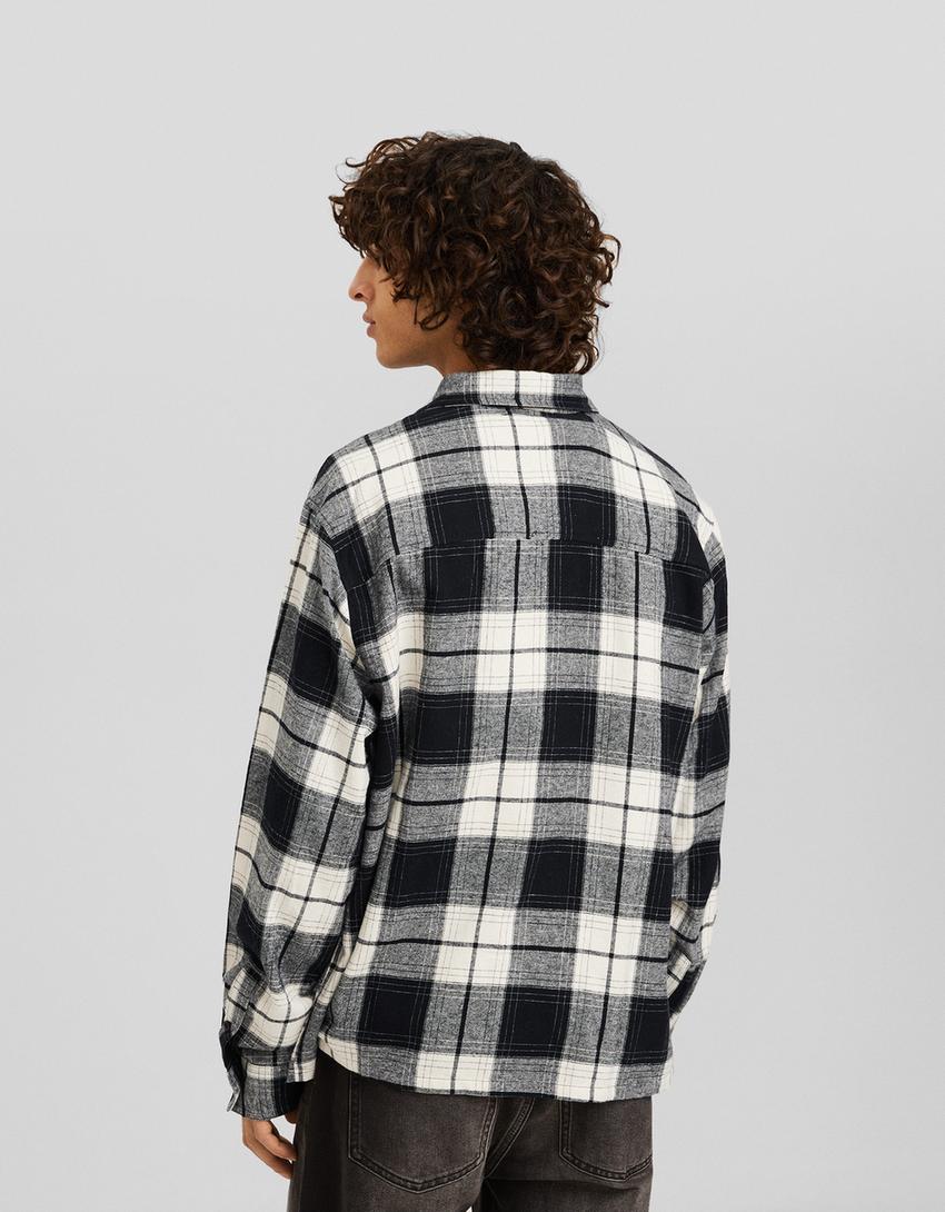 Cropped long sleeve check shirt-Black