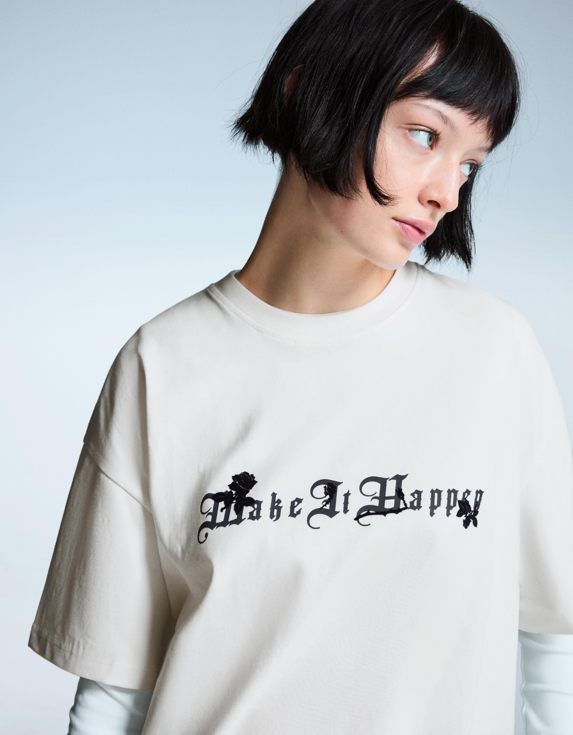 Bershka T-Shirt Mit Print Damen L Grbrochenes Weiss