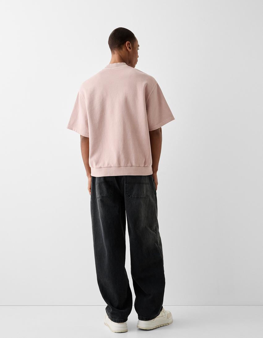 Short sleeve faded-effect plush T-shirt with interlocking and ribbed trims-Pink-1
