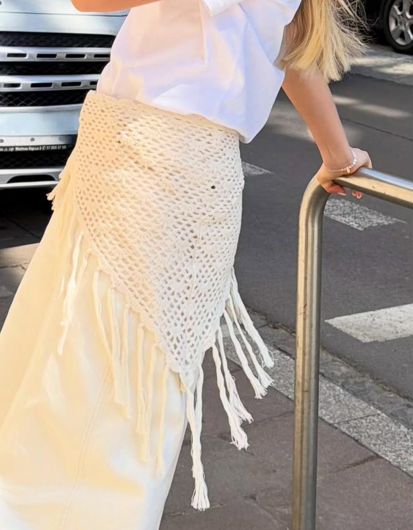 Fringed crochet pareo skirt-Cream