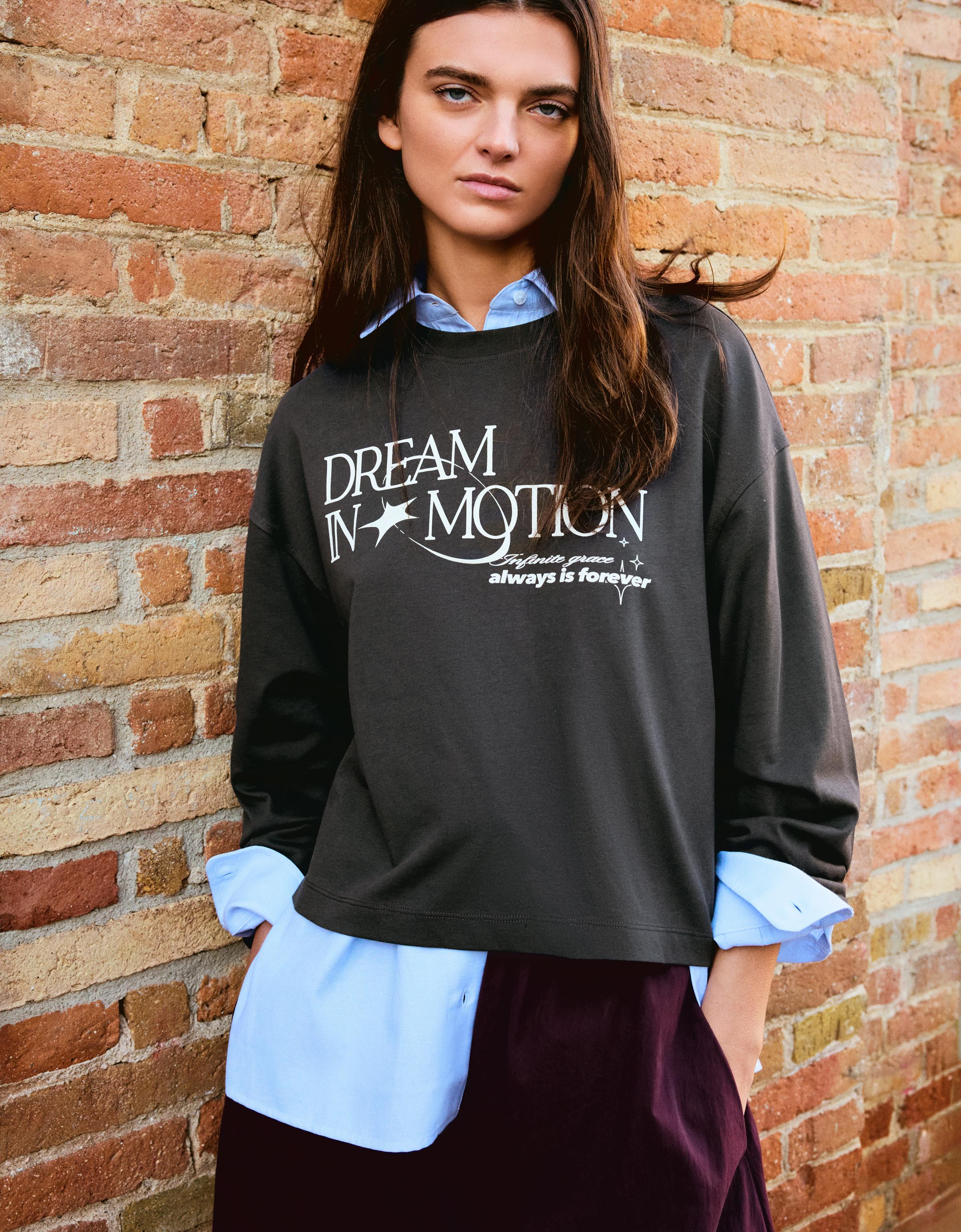 Bershka Oversize-Langarmshirt Mit Print Damen M Dunkelgrau