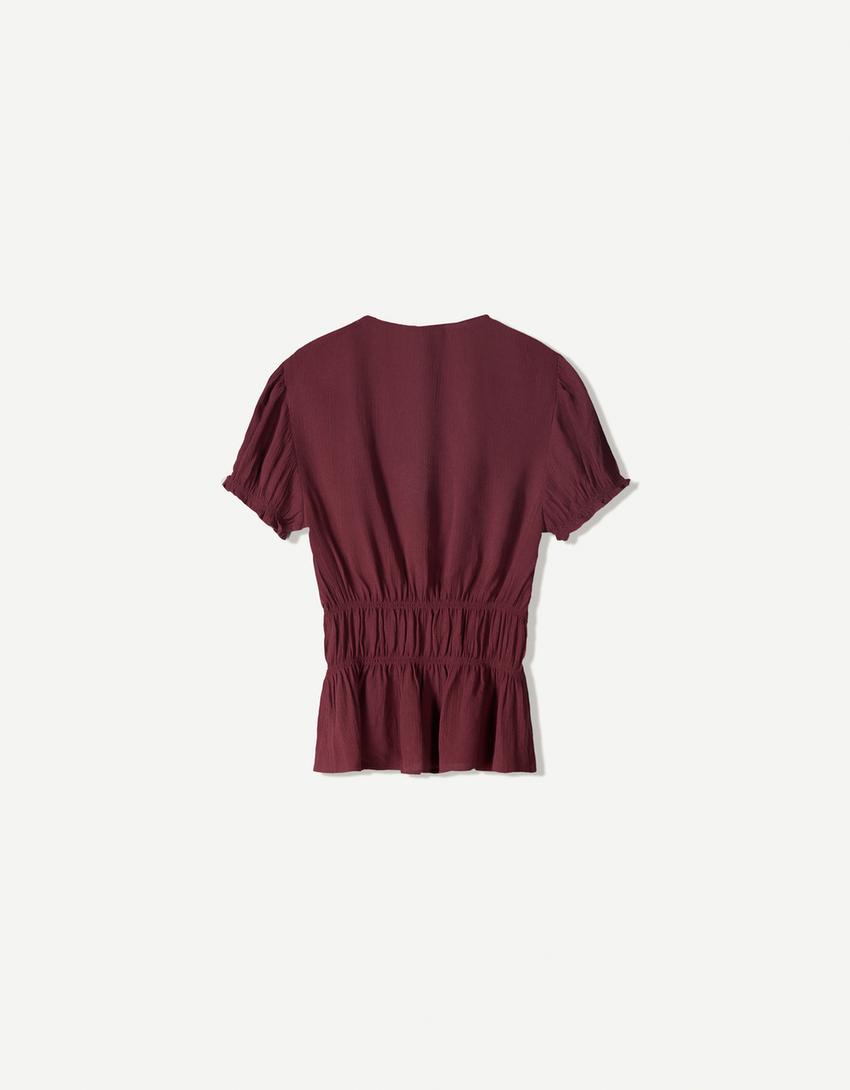 Chemise manches courtes froncée nœud-Grenat-4