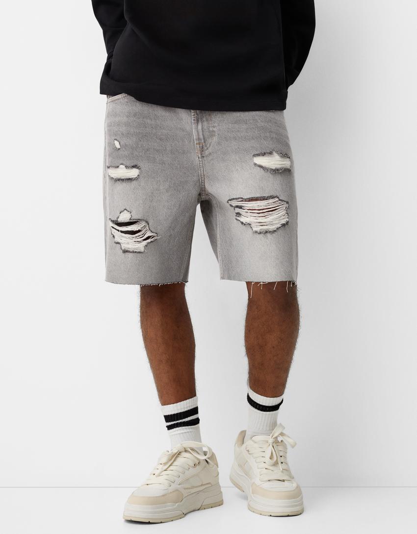 Bermuda denim slim rotos-Gris-2