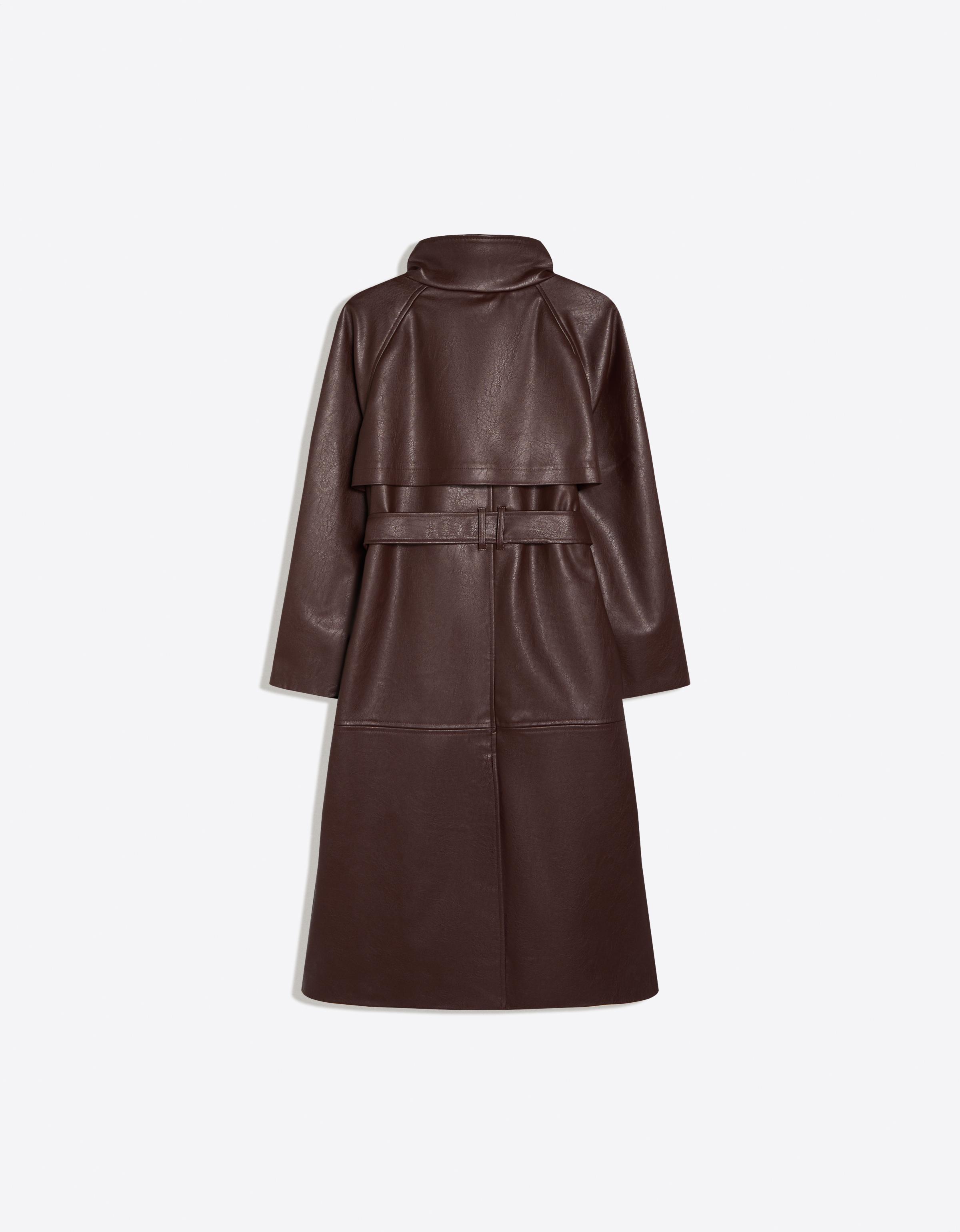 Long leather effect belt trench coat with funnel neck — Burgundy