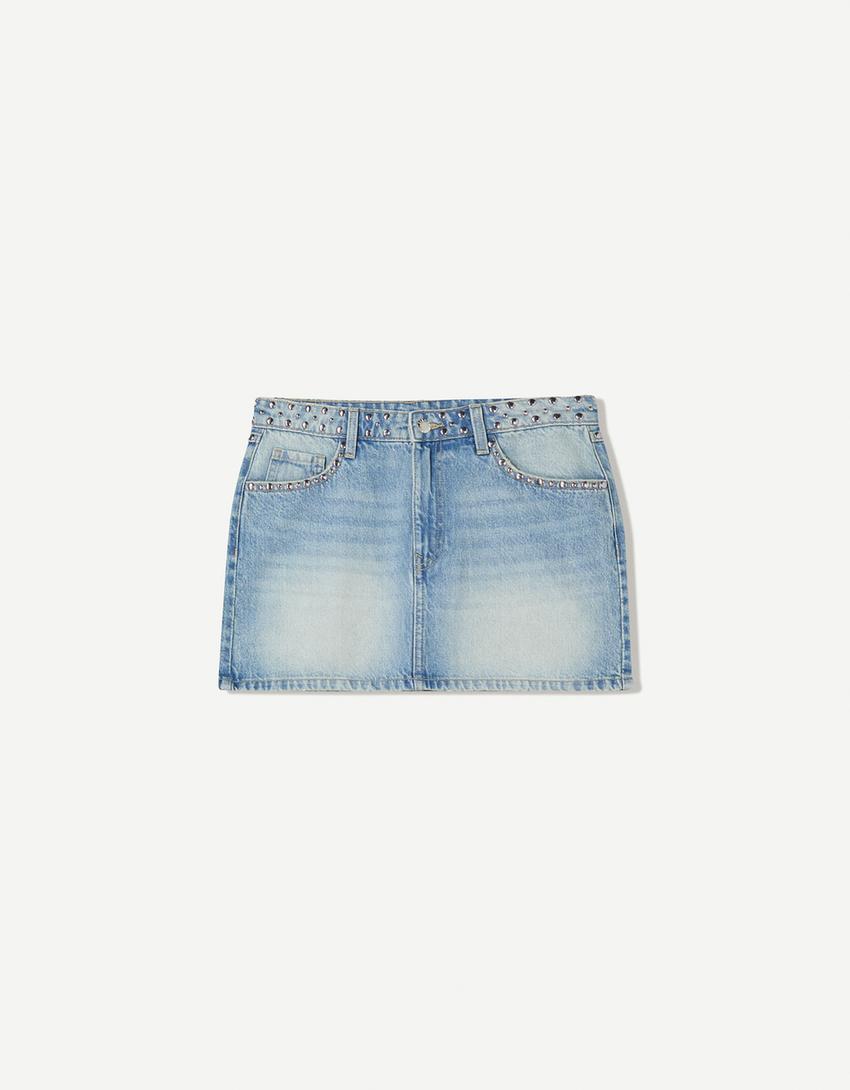 Studded denim mini skirt-Light blue