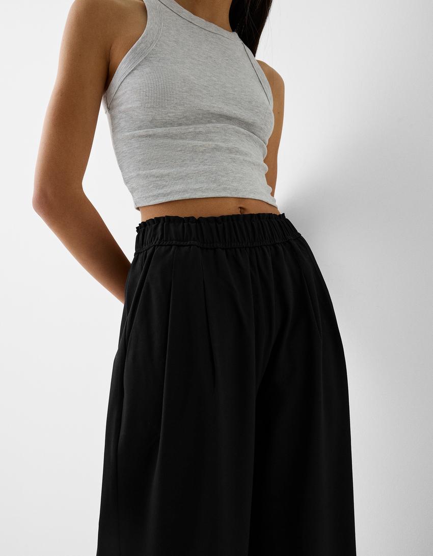 Tailored culottes with elastic waist-Black-3
