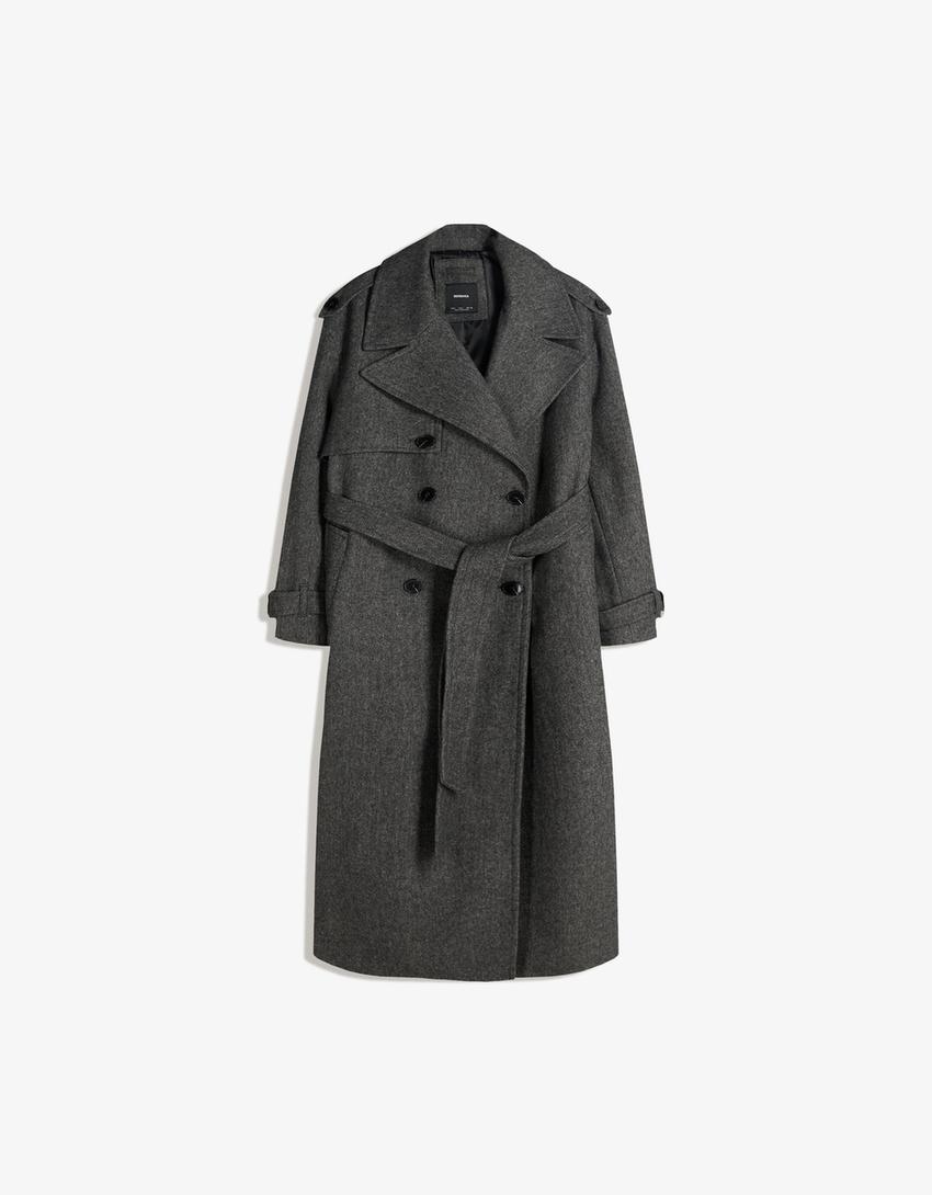 Sobretudo trench com lã oversize-Cinza