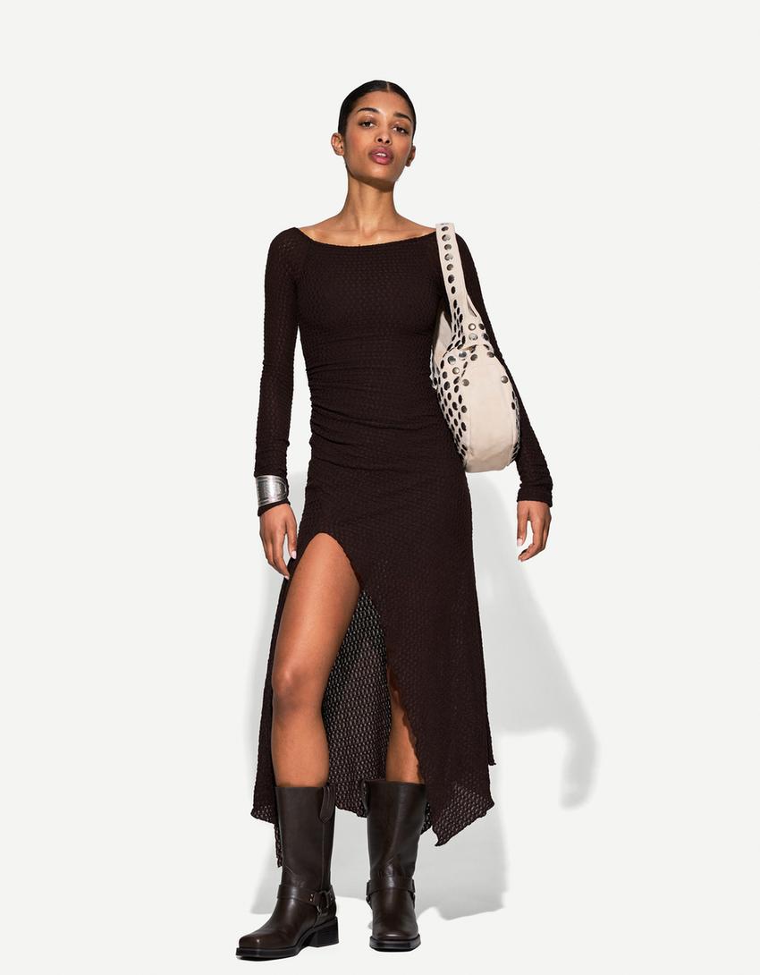 Gathered rustic maxi dress-Brown-2