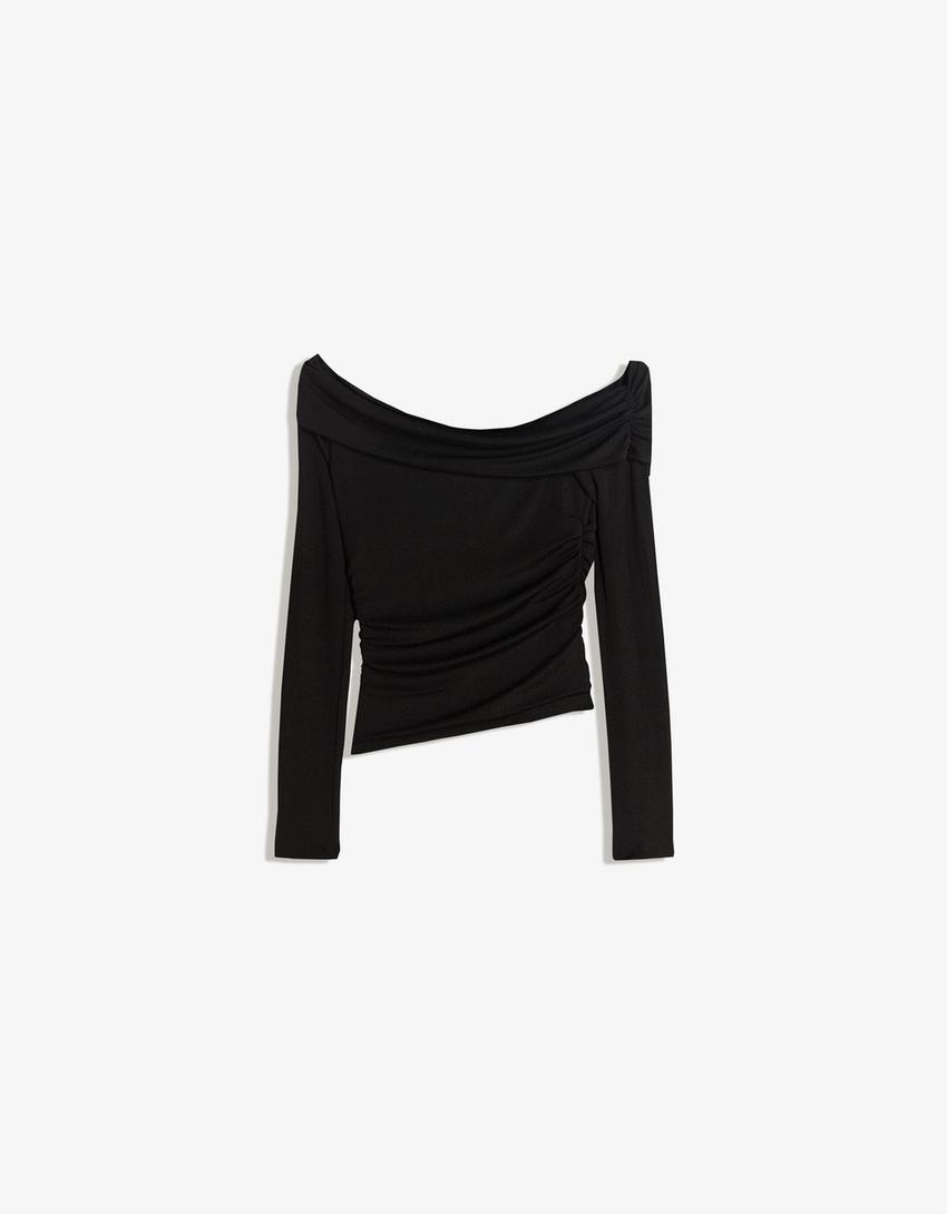 Top bardot structurat cu sclipici-Negru