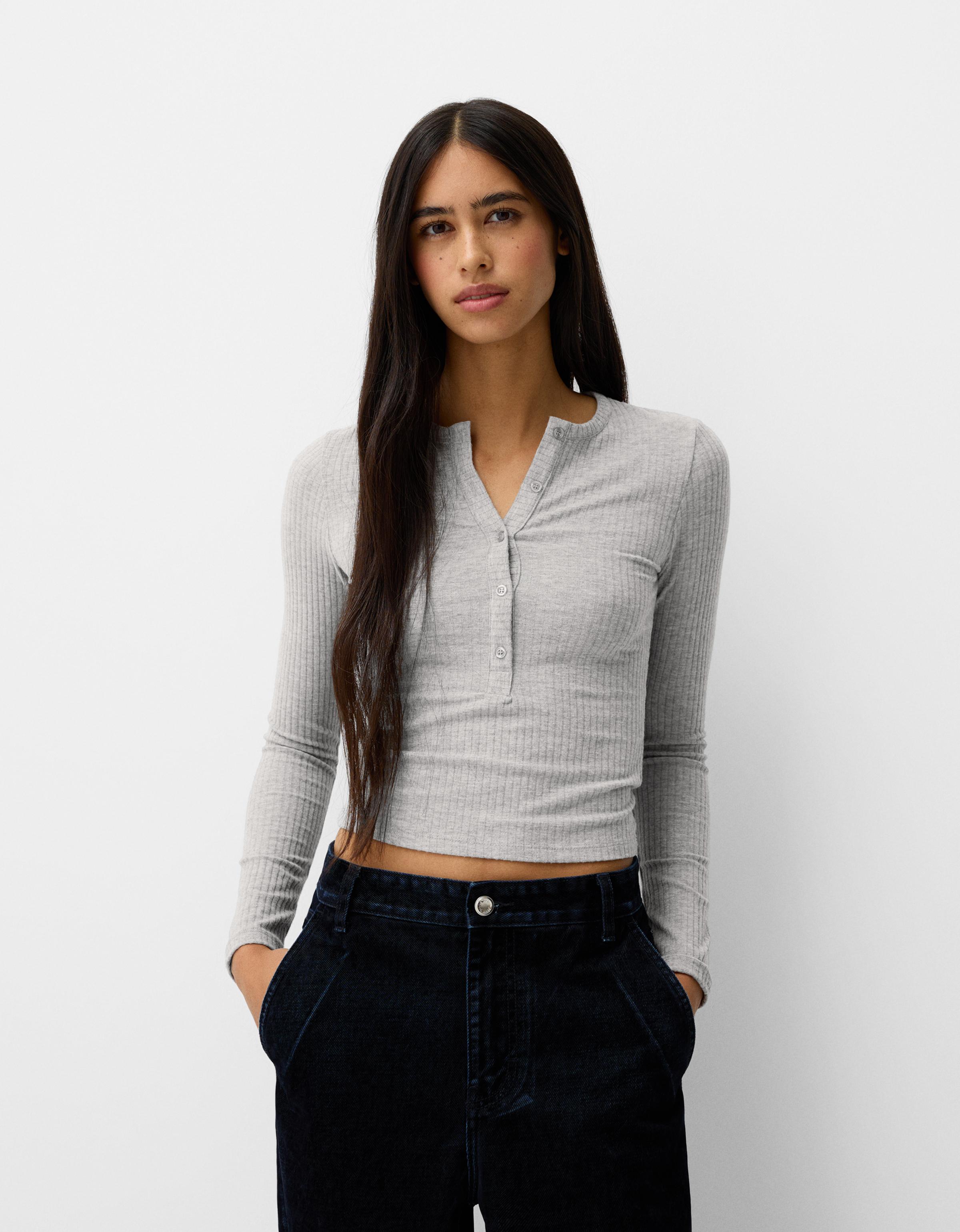 Bershka Pullover Mit Rippmuster Und Knöpfen Damen Xs Grau