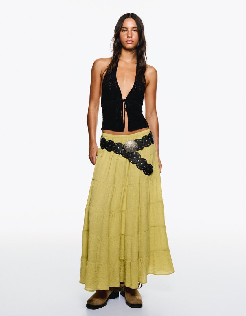 Spódnica maxi w stylu boho-Cytrynowy-0