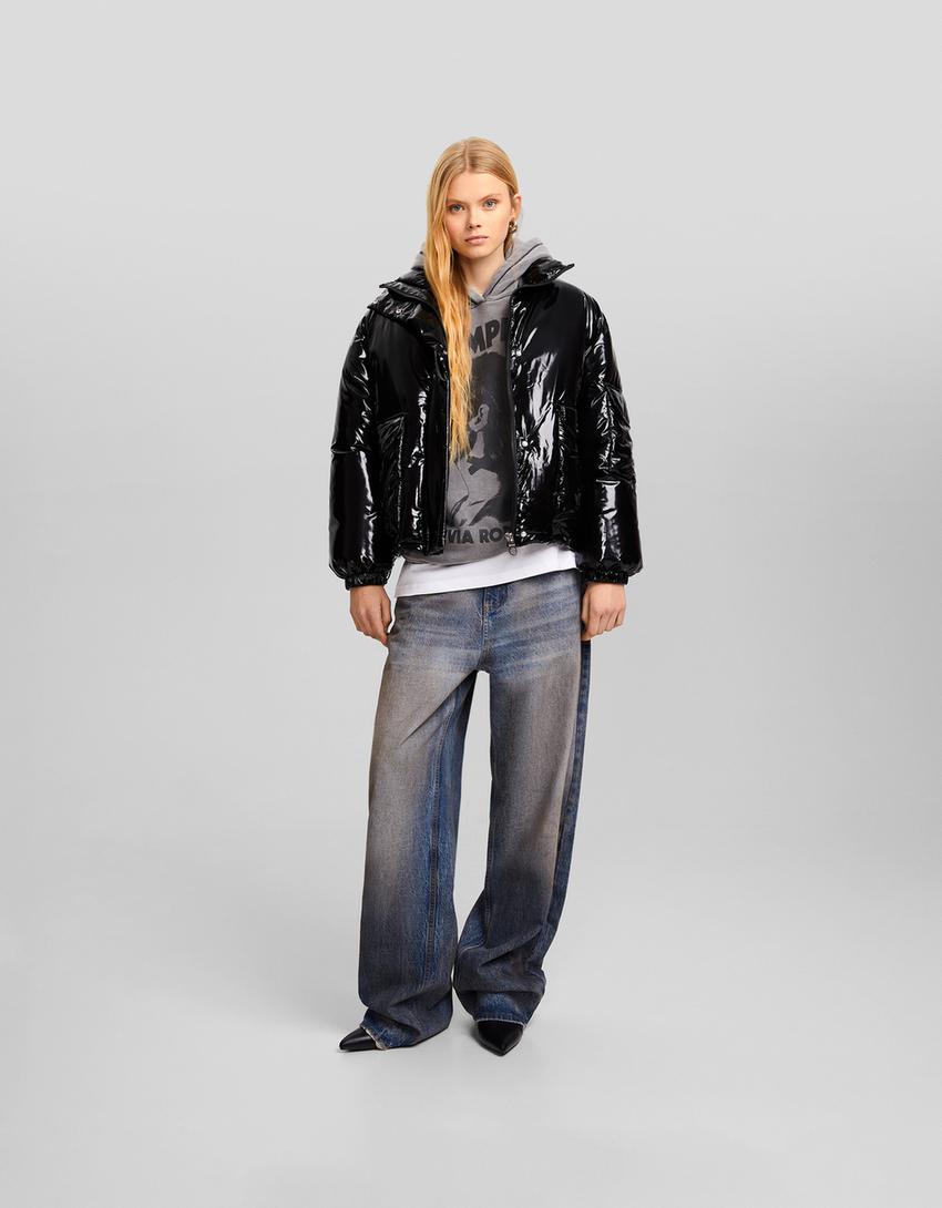Oversize vinyl-effect puffer jacket-Black-3