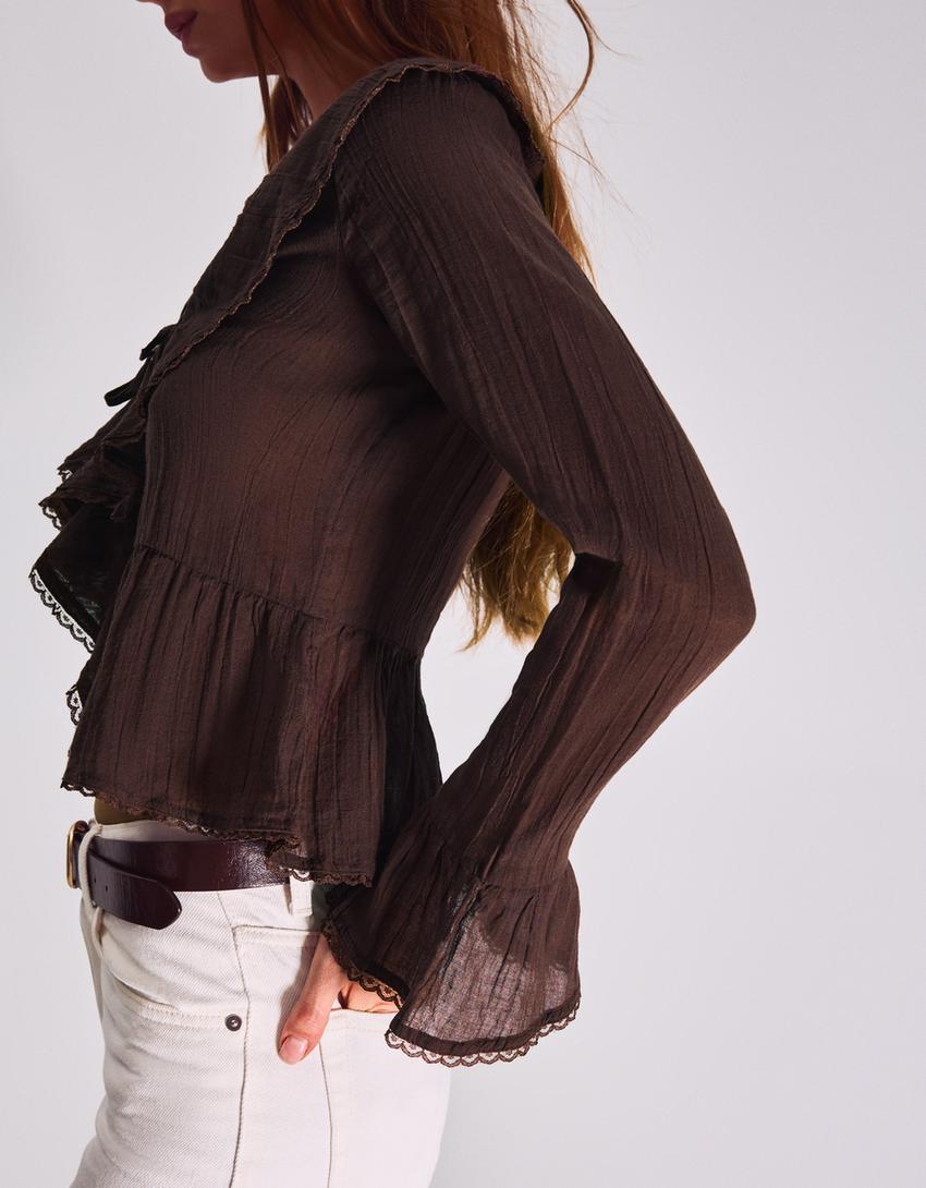Blouse manches longues rustique à volants-Marron