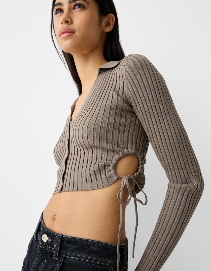 Polo collar cardigan with buttons and gathered side-Sand-2