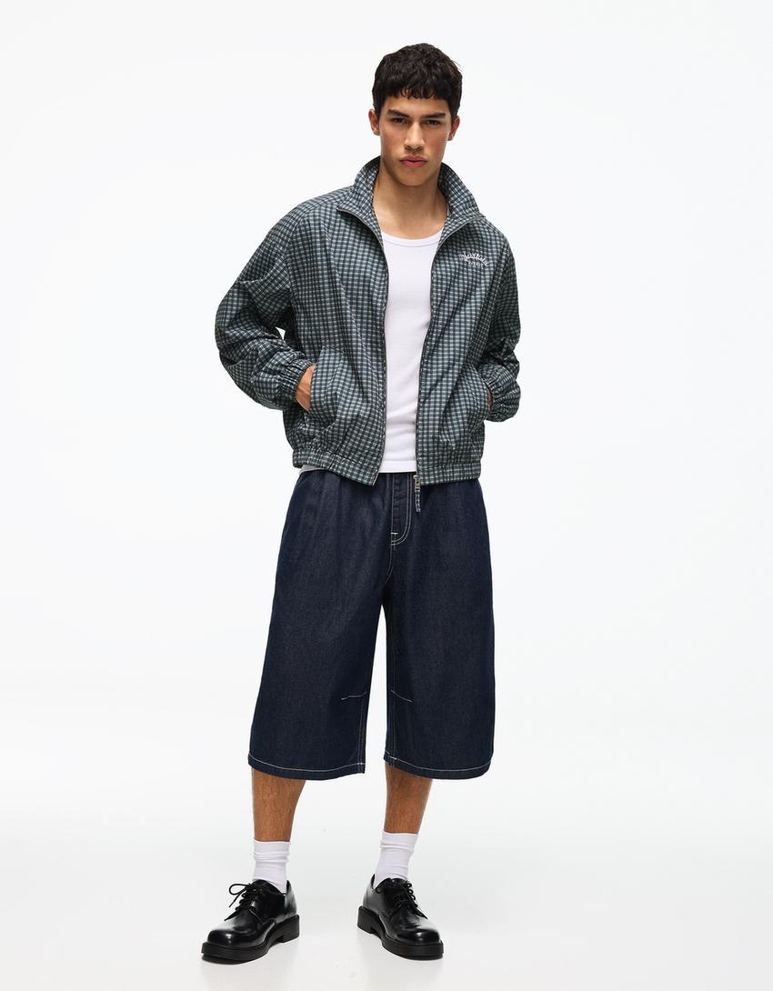 Kareli teknik ceket-Soluk mavi