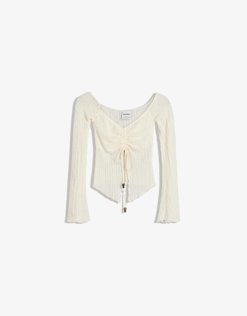 Rustic gathered knit sweater-Cream