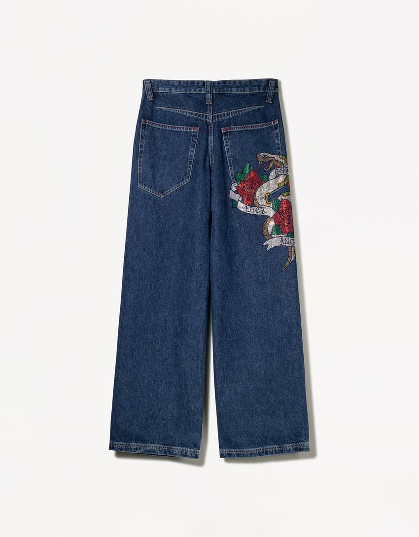 Tattoo rhinestone boyfriend jeans-Blue-1
