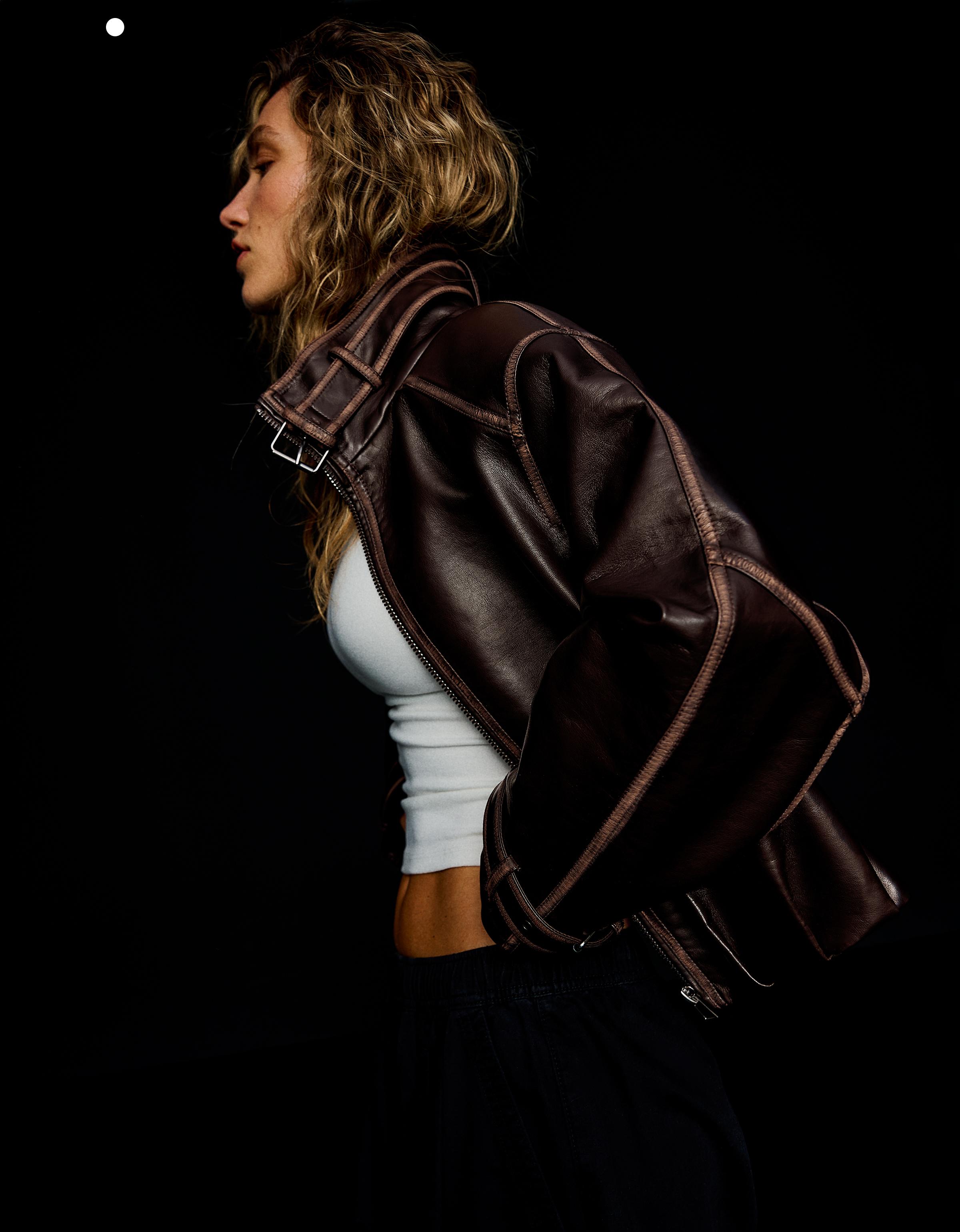 Leather effect funnel neck jacket — Brown