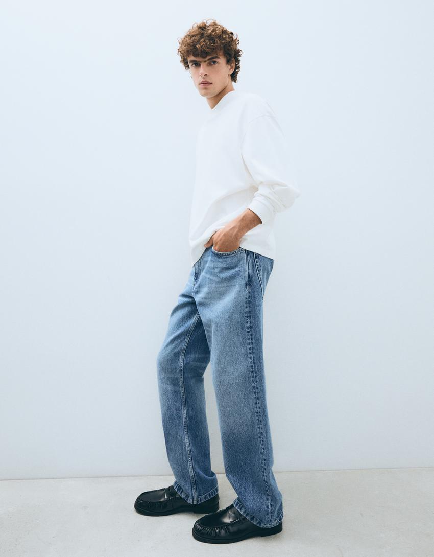 Straight-Jeans mit weitem Bein-Ausgewaschenes Blau