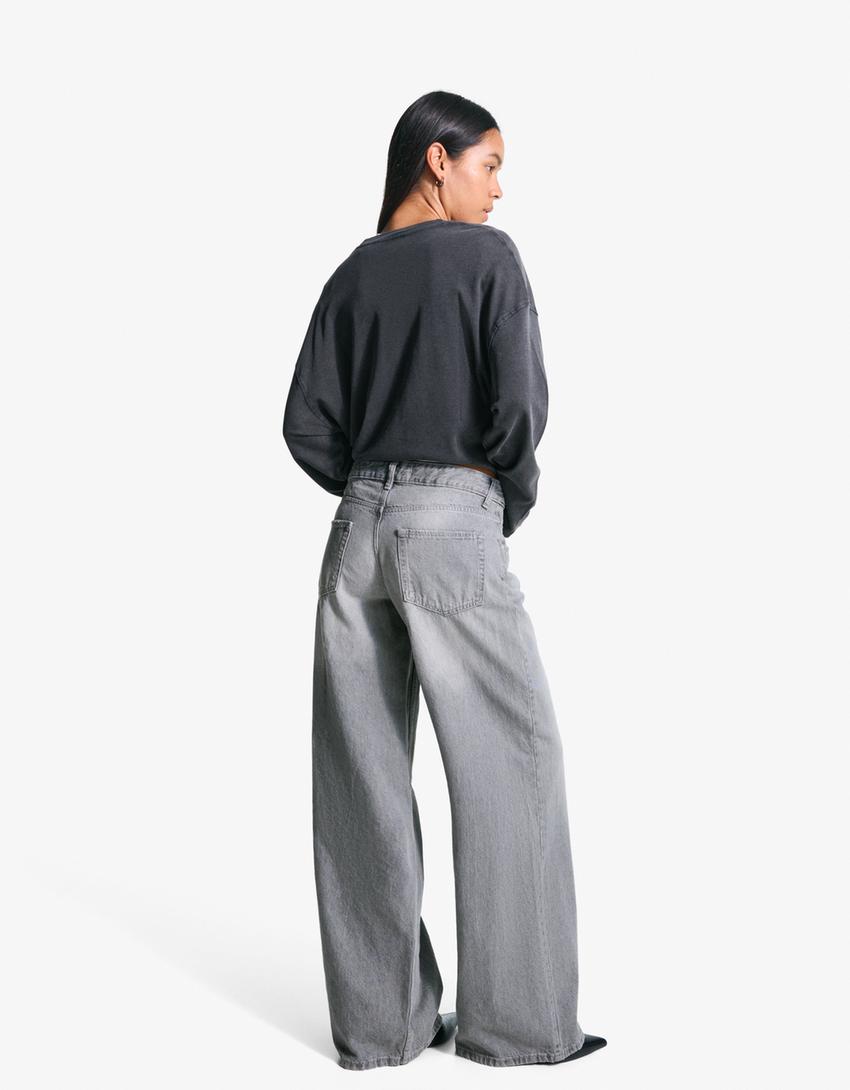 Jeans wide leg taille basse-Gris