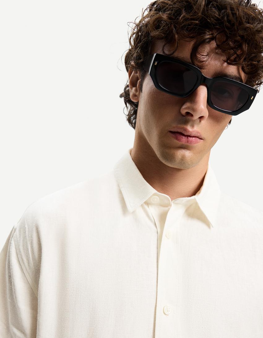 Camicia a maniche corte in misto lino-Bianco-2